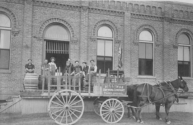 Horse-drawn delivery wagon outside the Billings Brewery